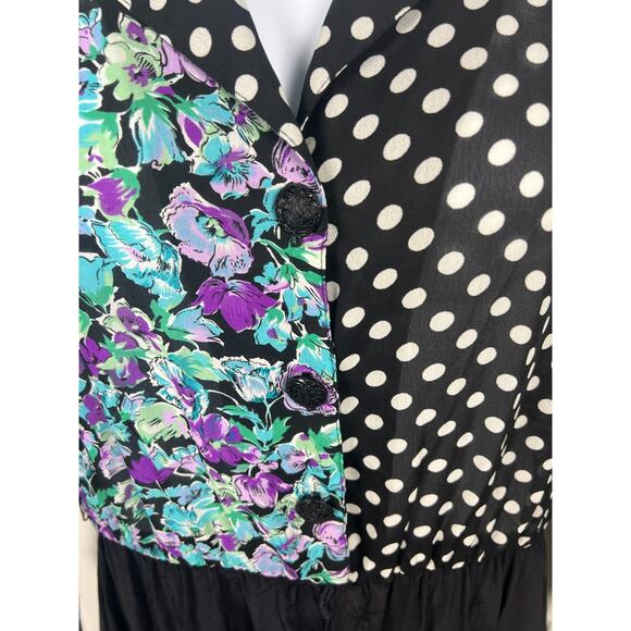 90s chiffon floral patchwork polka dot romper set long sleeve XL Black Blue - Picture 6 of 8